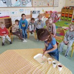 Dziewczynka z grupy Biedronki wlewa za pomocą strzykawki barwnik spożywczy na tackę w której znajduje się mleko..jpg