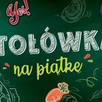 Napis Stołówka na piątkę na zielonym tle_ wokół napisu owoce i warzywa.jpg
