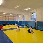 Uczniowie uczestniczą w zajęciach ruchowych na żółto-niebieskiej macie w Sali gimnastycznej w tle widać drabinki gimnastyczne