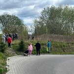 Na zdjęciu widać grupę dorosłych i dzieci stojących przy zarośniętym terenie obok parkingu. Niektórzy trzymają worki co może sugerować wspólne porządkowanie okolicy. 