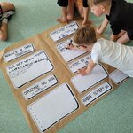 Dzieci pracujące w grupie nad dużym plakatem z zasadami bezpiecznych wakacji, zapisując pomysły w wyznaczonych polach.