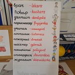 Fragment stoiska językowego z przygotowanym przez uczniów plakatem prezentującym nazwy zawodów w języku rosyjskim wraz z polskimi odpowiednikami i ilustracjami.