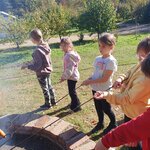 Na zdjęciu widać pięcioro uczniów: jednego chłopca  i cztery dziewczynki, które trzymają patyk z nadzianą na niego kiełbaską. Trzy dziewczynki patrzą na ognisko, jedna jest odwrócona bokiem do ogniska. Chłopiec w czerwonej bluzie również patrzy na ognisko. W tle zdjęcia widać drzewa czereśniowe oraz piaszczystą ścieżkę.