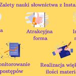 Zdjęcie 6- Grafika komputerowa przedstawiająca zalety nauki na platformie InstaLing.  Zalety atrakcyjna nauka, atrakcyjna forma, inteligentne narzędzie, monitorowanie postępów, realizacja większej ilości materiału.