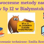 Zdjecie 9- grafika na żółtym tle. Znaduje się na niej fioletowy napis: ,, Nowoczesne metody nauki w Sp 12 w Białymstoku'', realizacja: Emilia Rembelińska. Na żółtym tle znajdują się też inne elementy graficzne takie jak : żarówka, książki, flaga Wielkiej Brytanii, laptop.