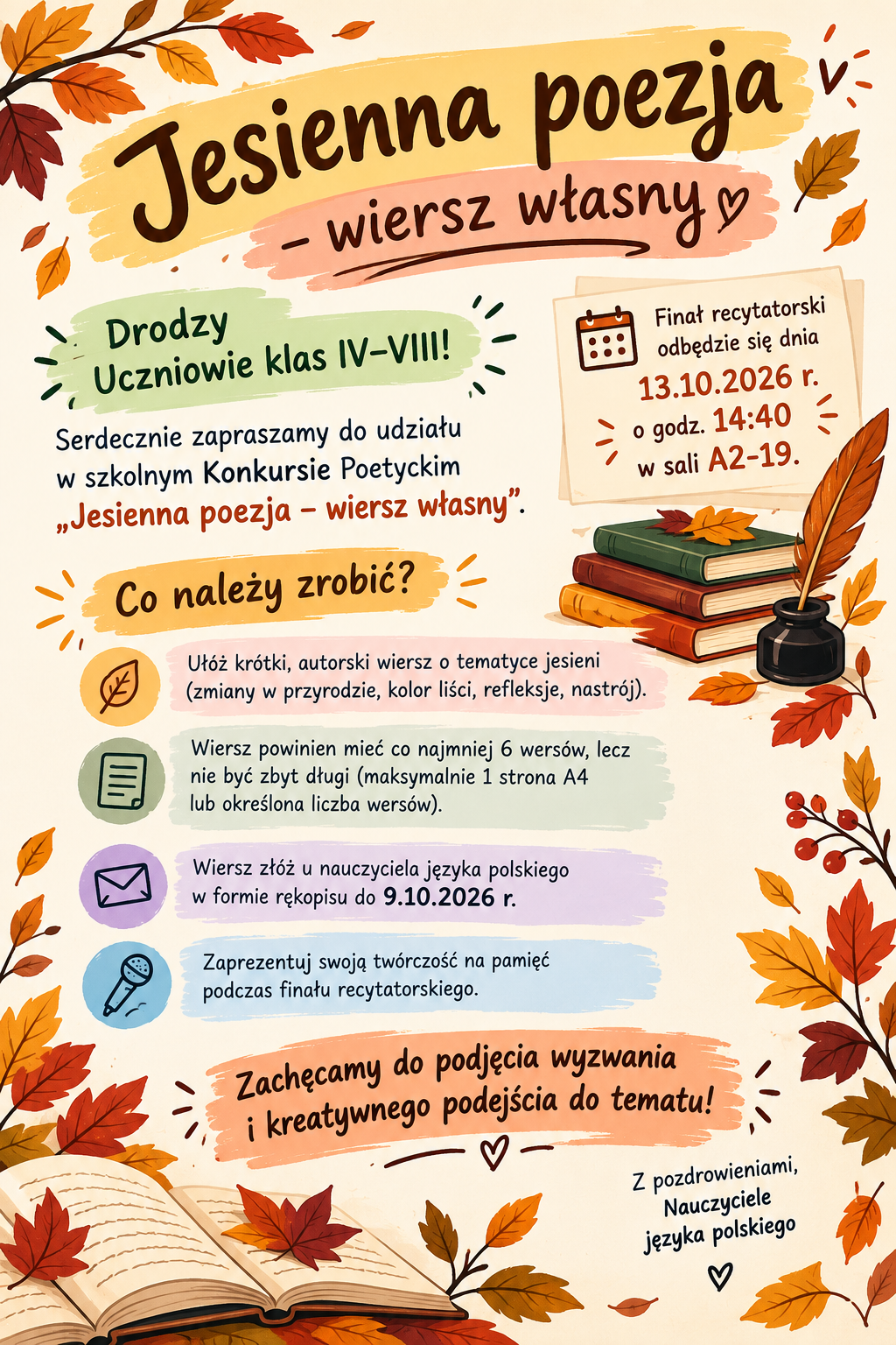 Plakat zapraszający uczniów klas IV-VIII do udziału w szkolnym konkursie poetyckim „Jesienna poezja – wiersz własny”..png